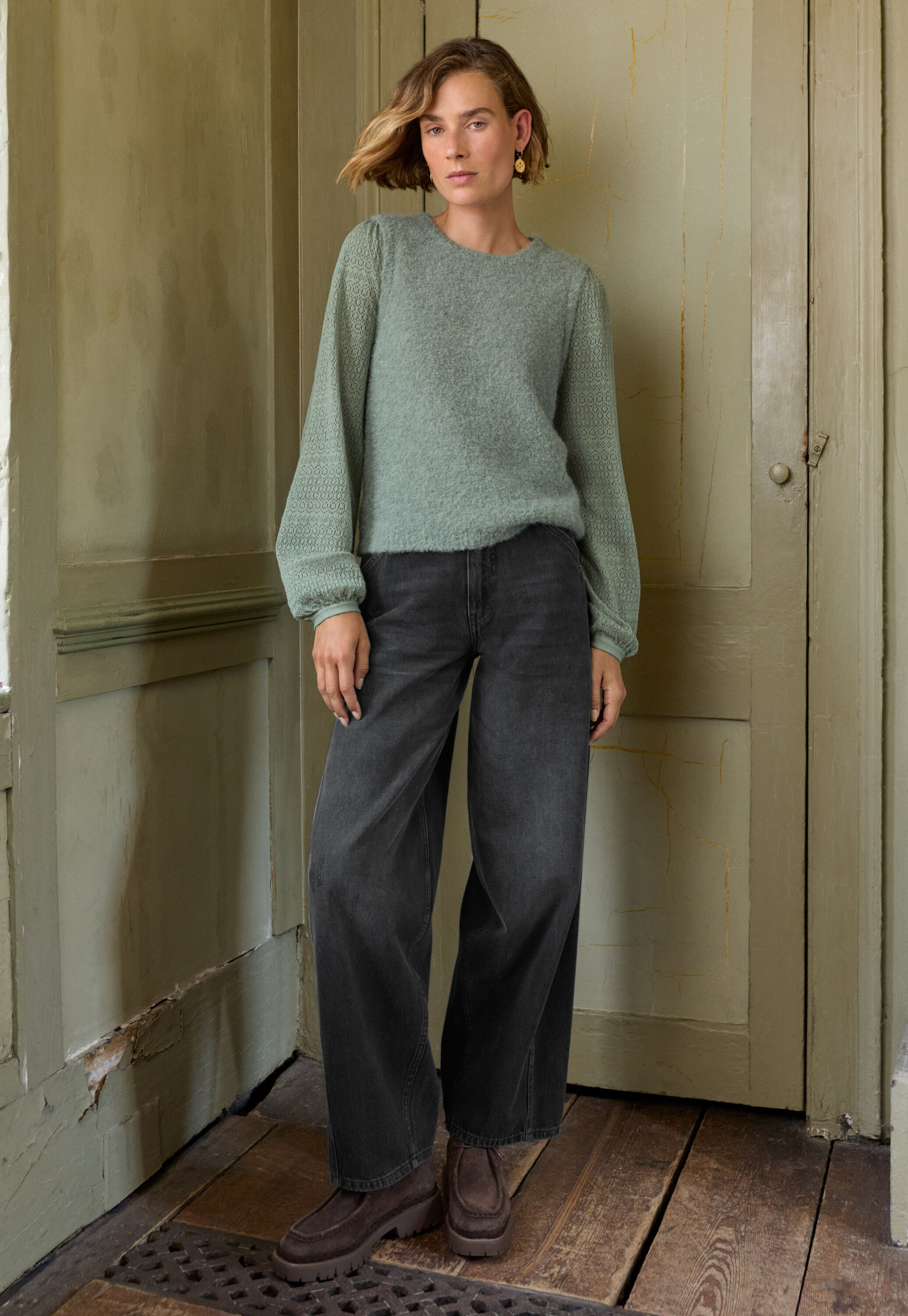 Pointelle-sleeve sweater, Duck egg, large