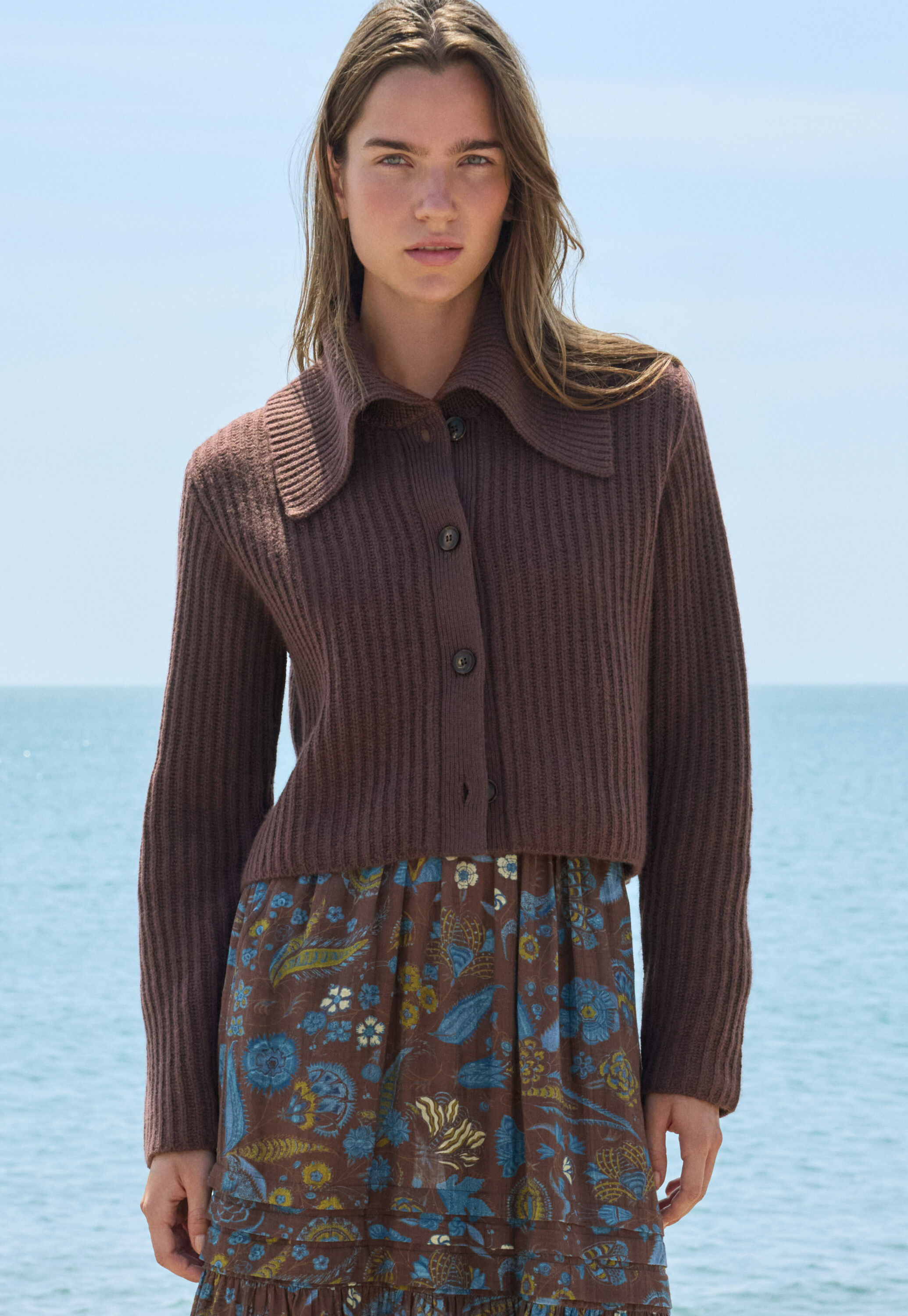 Rib-stitch collared cardigan