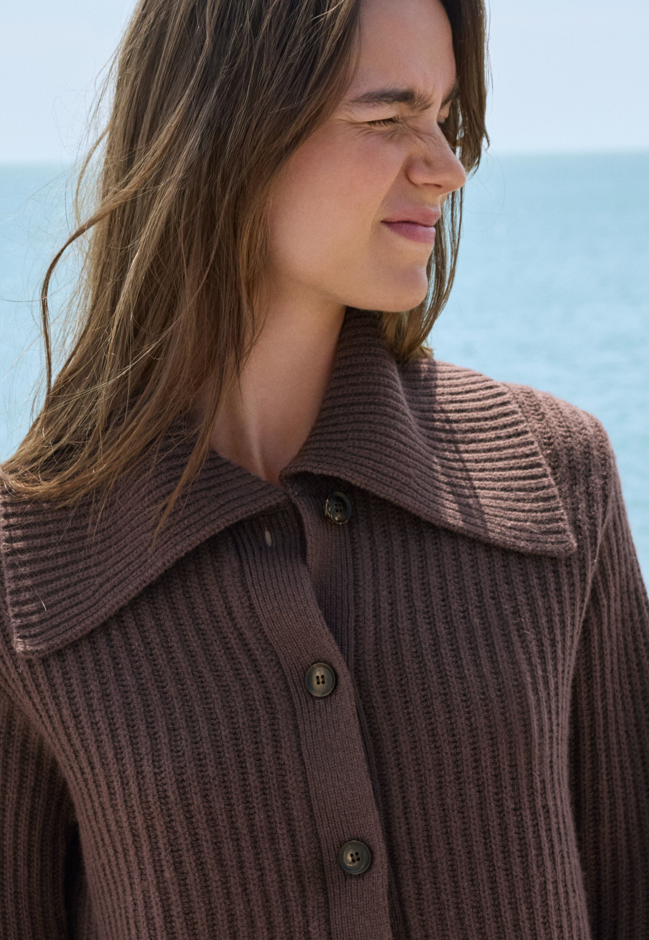 Rib-stitch collared cardigan, Dark chocolate, large