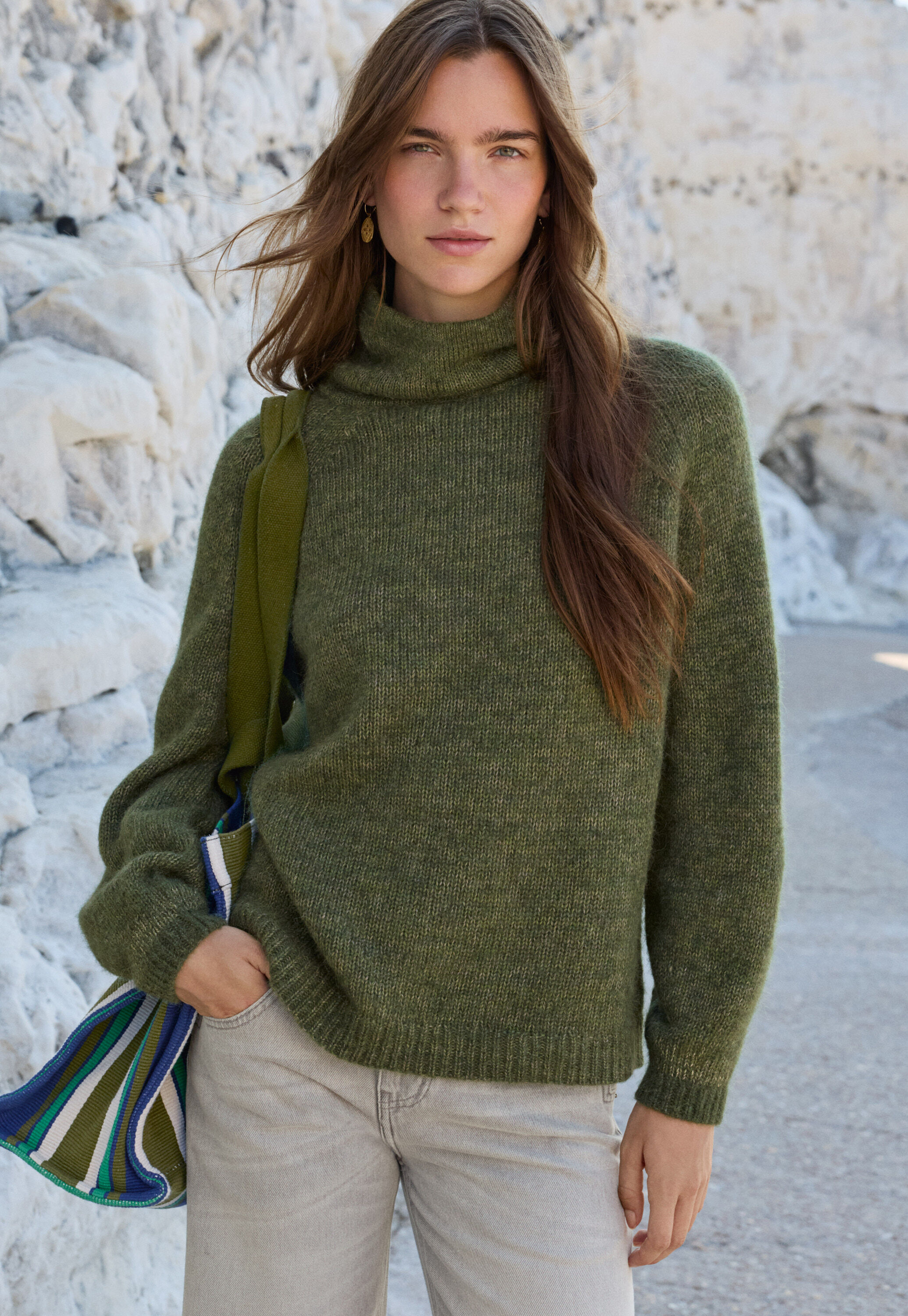 High-neck raglan sweater, Forest, large