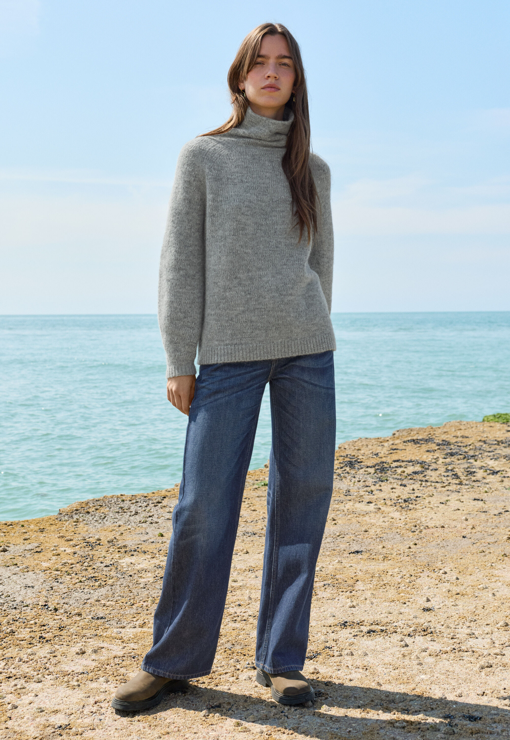 High-neck raglan sweater, Soft denim, large