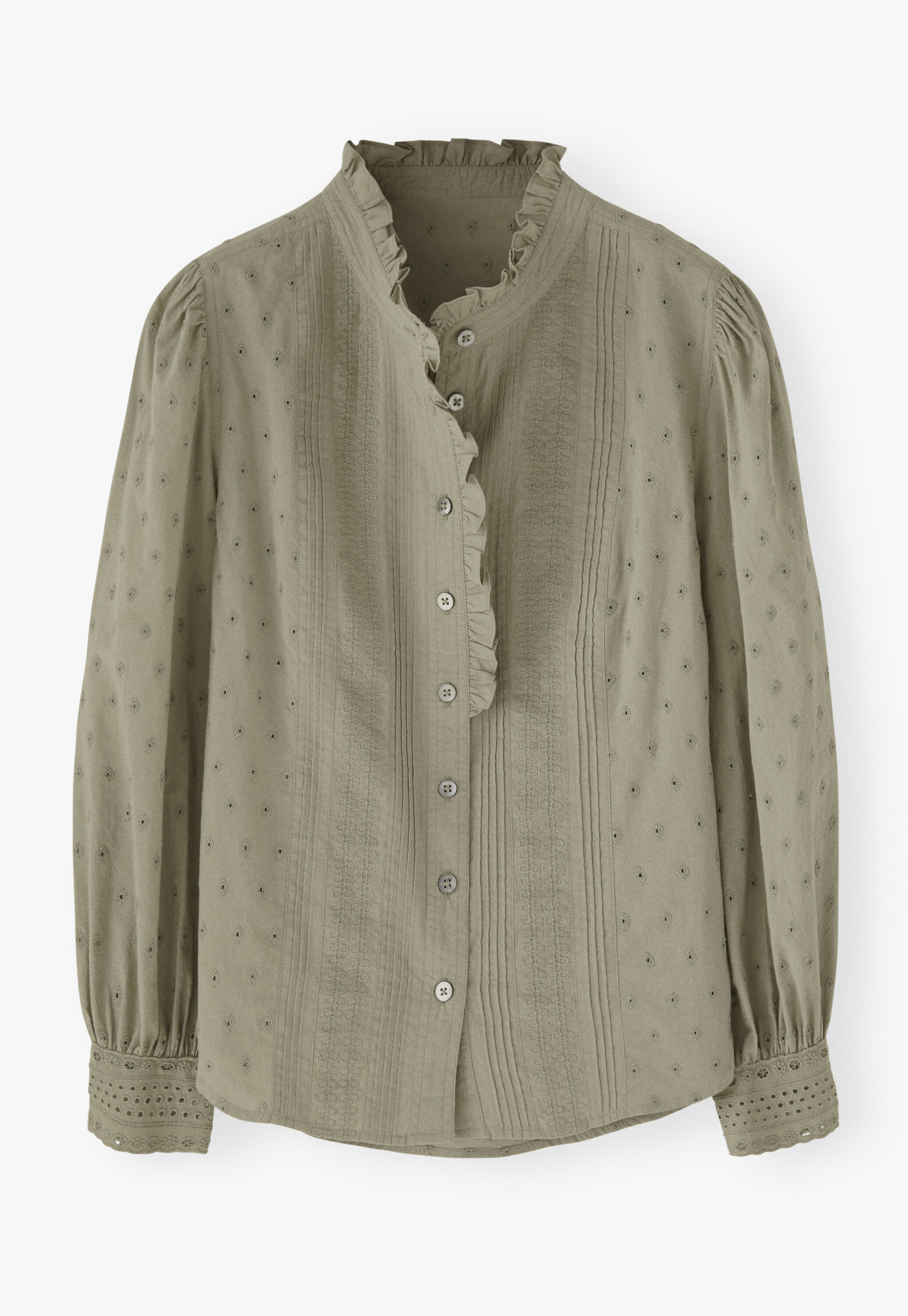 Ruffle-neck broderie blouse, Soft khaki green, large