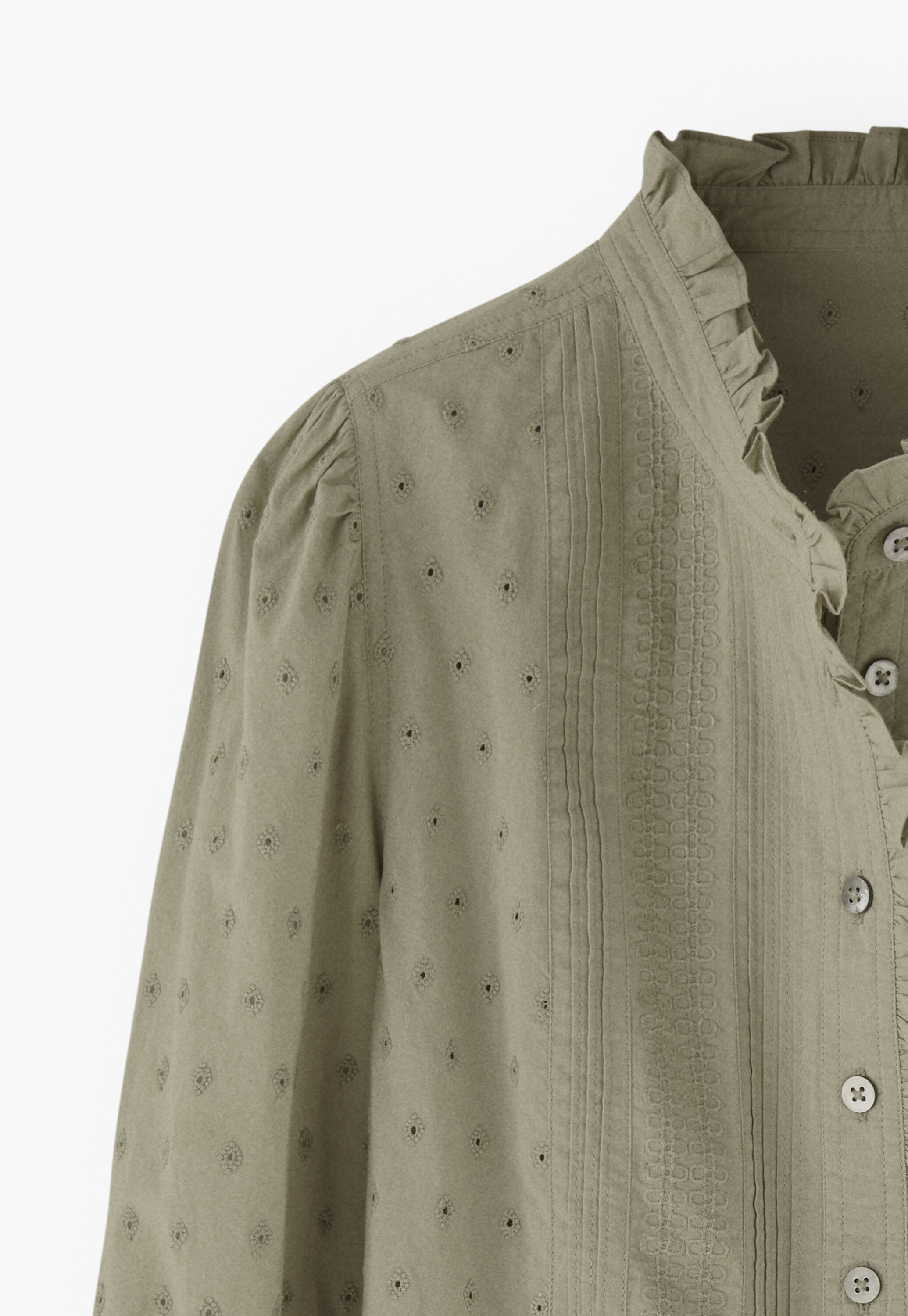 Ruffle-neck broderie blouse, Soft khaki green, large
